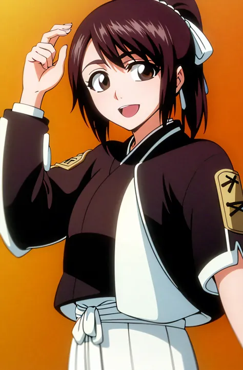 masterpiece, Highest quality , one girl from the side , romantic love , black hair, single , ponytail, Vancouver, brown eyes, kimono, white sleeveless coat ,Captain's coat without white sleeves, black kimono , smile, alone, I'm looking for , simple backgro...