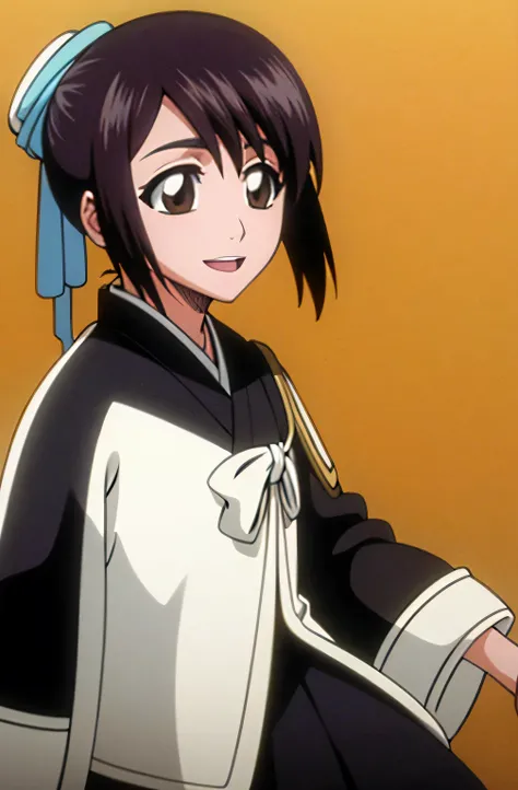 masterpiece, Highest quality , one girl from the side , romantic love , black hair, single , ponytail, Vancouver, brown eyes, kimono, white sleeveless coat ,Captain's coat without white sleeves, black kimono , smile, alone, I'm looking for , simple backgro...