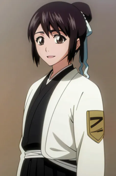 masterpiece, Highest quality , one girl from the side , romantic love , black hair, single , ponytail, Vancouver, brown eyes, kimono, white sleeveless coat ,Captain's coat without white sleeves, black kimono , smile, alone, I'm looking for , simple backgro...