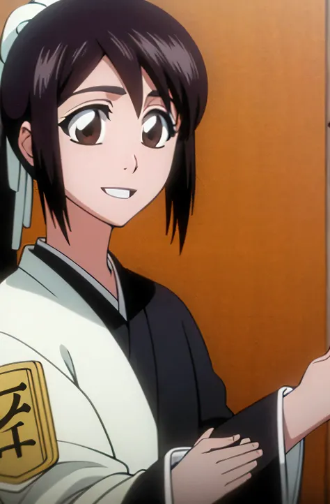 masterpiece, Highest quality , one girl from the side , romantic love , black hair, single , ponytail, Vancouver, brown eyes, kimono, white sleeveless coat ,Captain's coat without white sleeves, black kimono , smile, alone, I'm looking for , simple backgro...