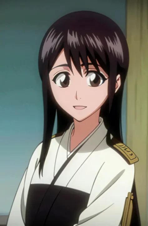 masterpiece, Highest quality , one girl from the side , romantic love , black hair, single ,straight long hair, Vancouver, brown eyes, kimono, white sleeveless coat ,Captain's coat without white sleeves, black kimono , smile, alone, I'm looking for , simpl...