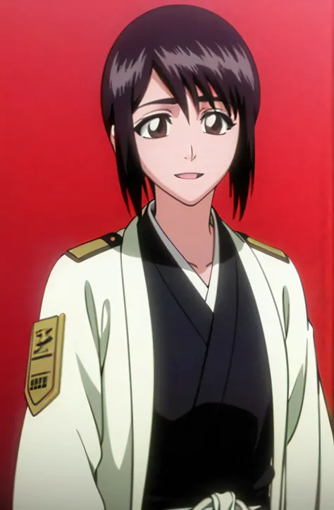 masterpiece, Highest quality , one girl from the side , romantic love , black hair, single ,straight long hair, Vancouver, brown eyes, kimono, white sleeveless coat ,Captain's coat without white sleeves, black kimono , smile, alone, I'm looking for , simpl...