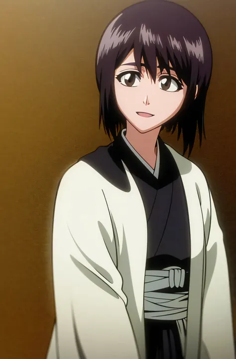 Masterpiece, top quality , one girl from the side , romantic love , black hair, single ,straight long hair, Vancouver, brown eyes, Hair bangs, kimono, white sleeveless coat ,Captain's coat without white sleeves, black kimono , smile, alone, I'm looking for...