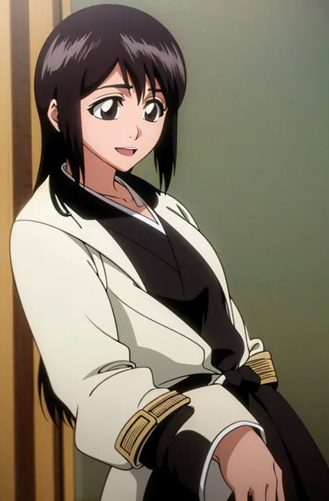 Masterpiece, top quality , one girl from the side , romantic love , black hair, single ,straight long hair, Vancouver, brown eyes, Hair bangs, kimono, white sleeveless coat ,Captain's coat without white sleeves, black kimono , smile, alone, I'm looking for...