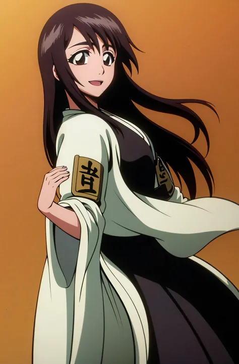 Masterpiece, top quality , one girl from the side , romantic love , black hair, single ,straight long hair, Vancouver, brown eyes, Hair bangs, kimono, white sleeveless coat ,Captain's coat without white sleeves, black kimono , smile, alone, I'm looking for...