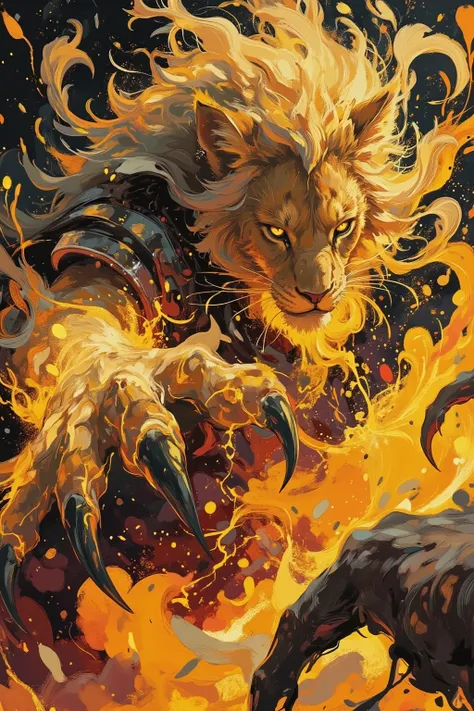 acrylic paint style, dynamic close-up of a fierce lion furry tribal chieftain mid-slash, lunging forward with massive glowing claws extended, sharp obsidian-like talons crackling with primal magical energy, motion blur and wild expressive paint strokes cap...