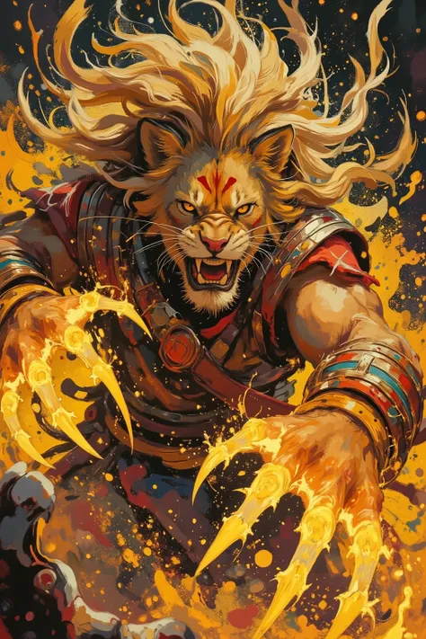 acrylic paint style, dynamic close-up of a fierce lion furry tribal chieftain mid-slash, lunging forward with massive glowing claws extended, sharp obsidian-like talons crackling with primal magical energy, motion blur and wild expressive paint strokes cap...