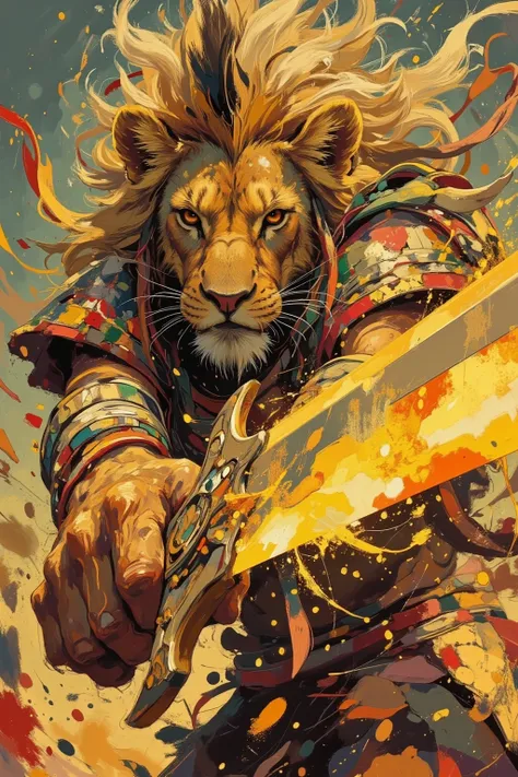 acrylic paint style, dynamic close-up of a fierce lion furry tribal chieftain mid-swing, slashing forward with a massive glowing ceremonial greatsword made of bone and obsidian, motion blur and wild expressive paint strokes, intense determined expression w...