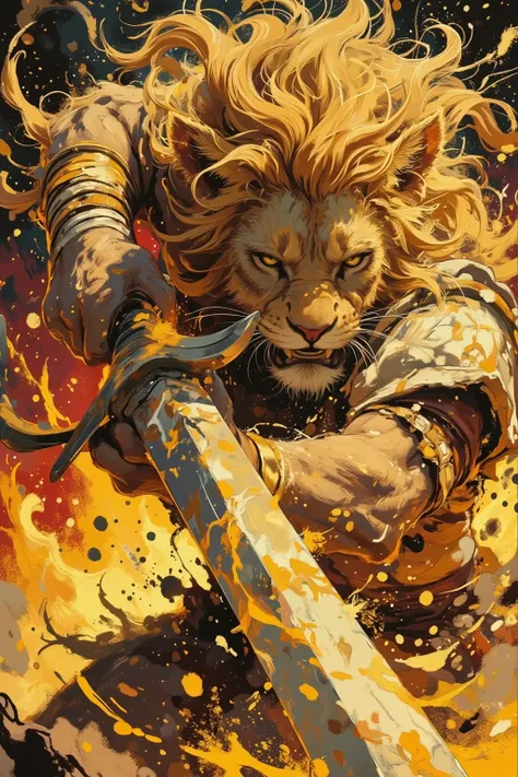 acrylic paint style, dynamic close-up of a fierce lion furry tribal chieftain mid-swing, slashing forward with a massive glowing ceremonial greatsword made of bone and obsidian, motion blur and wild expressive paint strokes, intense determined expression w...