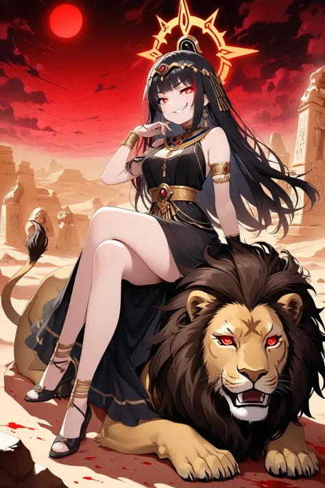 (masterpiece, creative concept), anime style, medium full body shot of an Egyptian-inspired royal princess with a wicked smirk and glowing sharp eyes, wearing an elegant black and gold ancient Egyptian dress with ornate jewelry, gemstone accessories, golde...