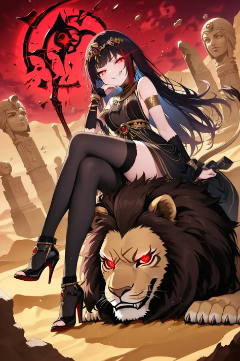 (masterpiece, creative concept), anime style, medium shot of an Egyptian-inspired royal princess with a wicked grin and sharp glowing eyes, wearing an elegant black and gold ancient Egyptian dress with ornate jewelry, gemstone accessories and golden snake ...