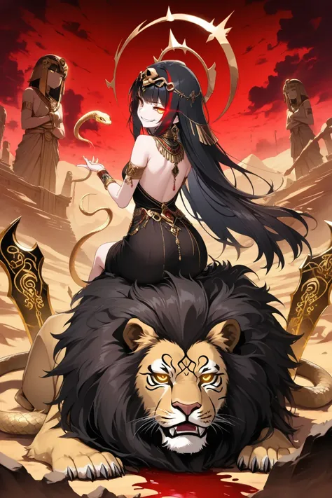 (masterpiece, creative concept), anime style, medium full body shot of an Egyptian-inspired royal princess with a wicked grin and sharp glowing eyes, wearing a luxurious black and gold ancient Egyptian dress with ornate jewelry, golden snake armband, elabo...