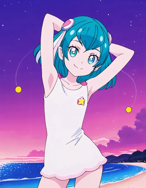 hagoromolala, hagoromolala, lalapajamas, white shirt, sleeveless, <lora:hagoromolala_IL:0.8>, anime screencap, high quality, closed mouth, solo, cowboy shot, night sky, beach, hands behind head, ((contrapposto)), looking at viewer, smile, best quality,