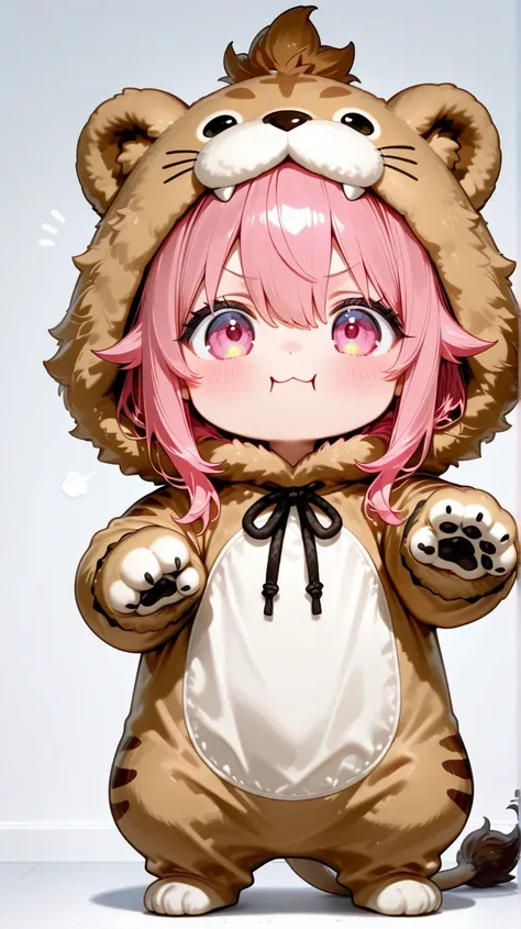 A cute pink haired girl is wearing a fluffy lion costume　A club in one hand　　cute Japanese deformed animation　Doya face　African Prairie　Aiming at zebras　