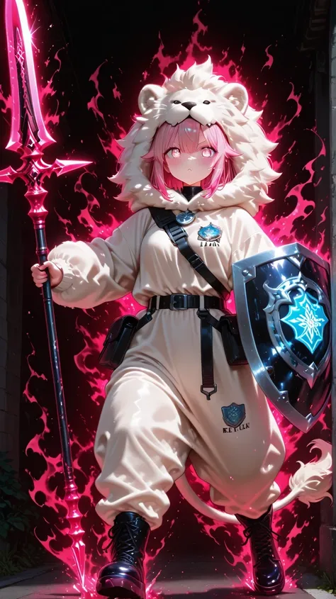 A cute pink-haired girl is wearing a fluffy lion costume　Legendary Spear in one hand　Legendary Shield in the other　cute Japanese deformed animation　Red Aura　Plenty of glitter effects　Bareru　Attack posture　sense of realism　Seems quick