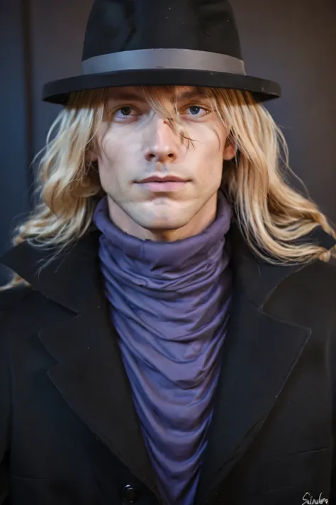 1male,solo,Gin,sillver hair,long hair,blue eyes,cool face,fedora hair,purple turtleneck,black coat,night
