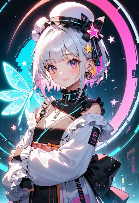 Front face facing the viewer、 cute young girls , best details, cute face,cute smile、 Beautiful appearance,  ((hologram、Shiny milky white hair)) 、beautiful attention to detail,(((Cyberpunk and kimono fusion)))、((neonカラーパレット)), ((neonカラースターチョーカー)), ((Ruffles...