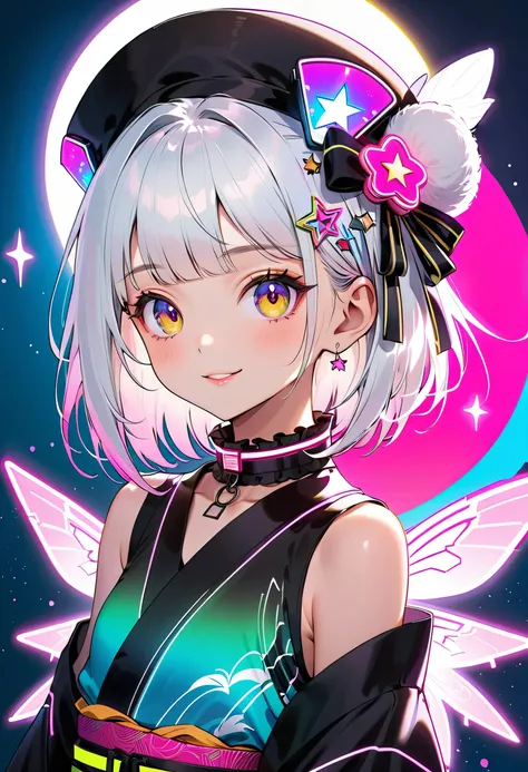 with a 25-year-old Chinese emperor、Childish smile、Front face facing the viewer、 cute young girls , best details, cute face,cute smile、 Beautiful appearance,  ((Shiny milky white hair)) 、beautiful attention to detail,(((Cyberpunk and kimono fusion)))、((neon...