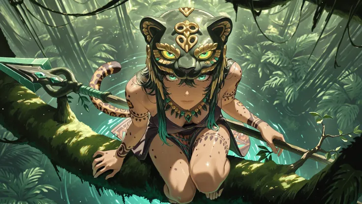 Maya jaguar warrior crouched on a moss-covered branch in a dense jungle, knees bent, gripping an obsidian-tipped spear, looking at viewer,, face half-hidden under a carved jaguar helmet adorned with turquoise and jade. The humid air swirls with mist, glowi...