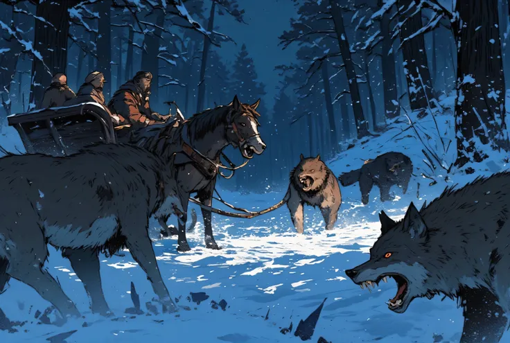 In the snows of deepest Russia, in the depths of a dark forest, 200 years ago, on a cold winter's night, a big husky mongrel dog in a collar stands between a sleigh and three large wolves blocking its path. In the sleigh are two pretty Russian girls, and t...