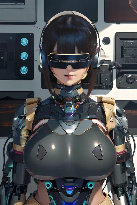 masterpiece, best quality, extremely detailed,front view,Japaese android milf,forehead,chubby,long hair,sleeveless costume,control panels,android,Droid,Mechanical Hand, blouse,Blunt bangs,long tube,thick cable connected her neck,robot torso