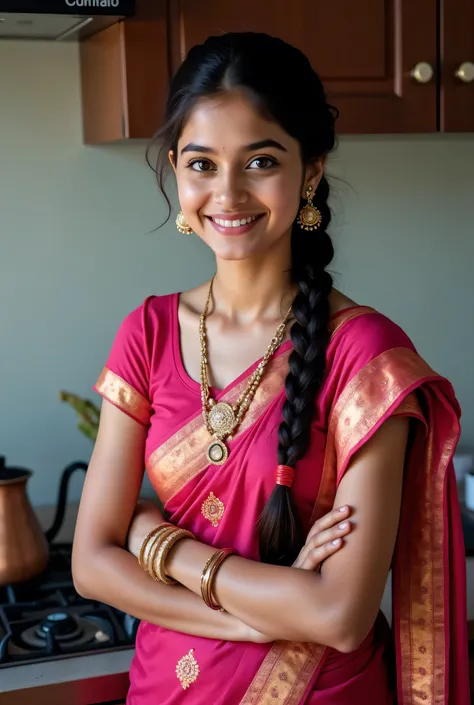 anaswarasdxl, Full image of a young girl in early 20s with smiling looks, Indian skin tone, light grey eyes, fox-eyelashes, silver color eyeshadow, glossy red lips. Her hairs are long, brunette and braided. She is wearing a fuchsia & golden Silk Georgette ...