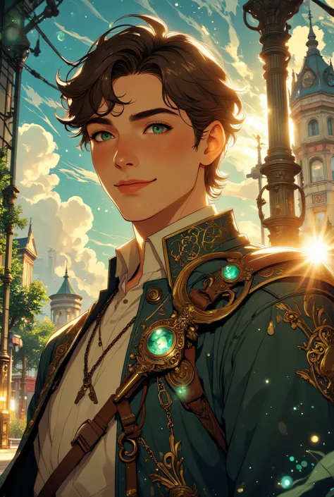 Estilo anime, elegant superhero, the scene of a late afternoon, a handsome young man, dressed as a magical warrior, tecido refinado, light brown hair, looking forward with a serene and mysterious smile,  on his chest a small bronze key adorned with a gem e...
