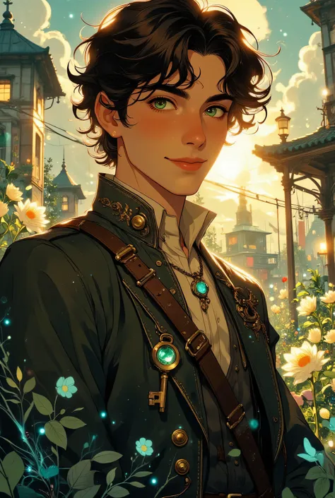 Estilo anime, elegant superhero, the afternoon, um homem, Handsome 17-year-old boy, dressed as a conjuring wizard, dark brown hair, looking forward with a playful smile,  with a small silver key adorned with a gem in the center on the chest, background fil...