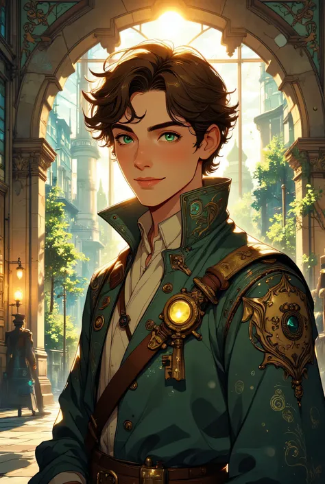 Estilo anime, elegant superhero, the scene of a late afternoon, a handsome young man, dressed as a magical warrior, tecido refinado, light brown hair, looking forward with a serene and mysterious smile,  on his chest a small bronze key adorned with a gem e...