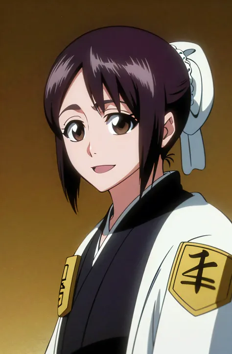 masterpiece, Highest quality , one girl from the side , romantic love , black hair, single ,ponytail, Vancouver, brown eyes, kimono, white sleeveless coat ,Captain's coat without white sleeves, black kimono , smile, alone, I'm looking for , simple backgrou...