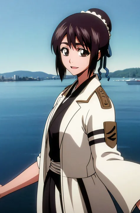 masterpiece, Highest quality , one girl from the side , romantic love , black hair, single ,ponytail, Vancouver, brown eyes, kimono, white sleeveless coat ,Captain's coat without white sleeves, black kimono , smile, alone, I'm looking for , simple backgrou...