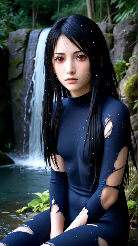 1girl, solo,hikari uchiha,black hair,long hair,outdoors,potrait,(torn bodysuit:1.5),small breast,black eyes,forest,nrise,red eyes,waterfall background,(sitting under waterfall:1.5),(close up:1.3),(front view), looking at viewer,(wet body:1.5)