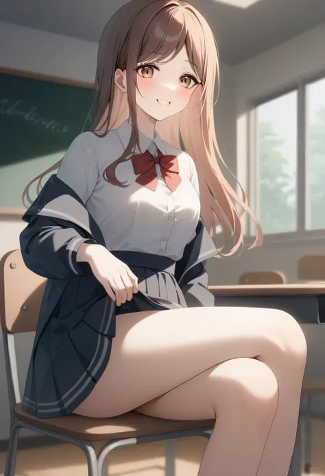 1 girl, underwear, skirt, independent, underwear, Chest, classroom, shirt, bow, lExistenceg_hair, White_, skirt_lift, Existence室内,  Smile, Open_Outfit, bowtie, Umbilical cord, Watching_Existence_受众, Outfit_lift, White_shirt, table, school_, Blush, school_t...