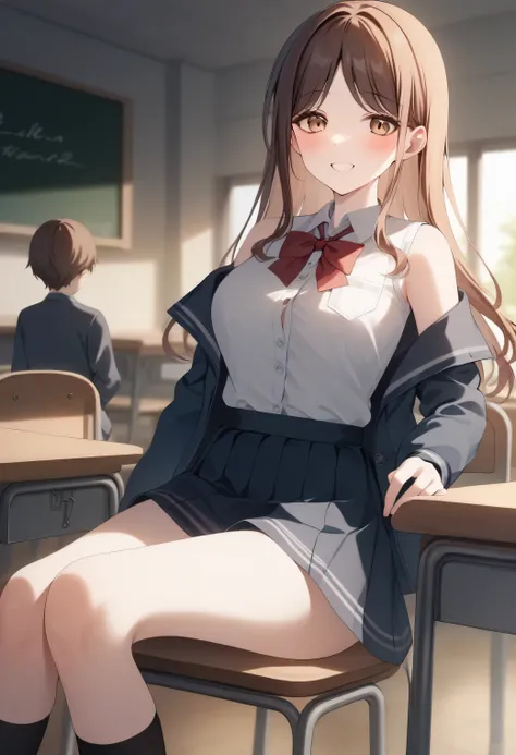 1 girl, underwear, skirt, independent, underwear, Chest, classroom, shirt, bow, lExistenceg_hair, White_, skirt_lift, Existence室内,  Smile, Open_Outfit, bowtie, Umbilical cord, Watching_Existence_受众, Outfit_lift, White_shirt, table, school_, Blush, school_t...