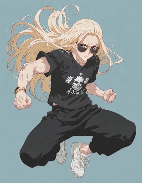 
(dynamic anagle,dynamic pose),(looking at viewer),solo,upperbody,man,blonde wavy long straight hair,forehead,sunglasses,male's face,natural cosmetic,muscular body,tight black t-shirt,black skinny long pants,white sneaker,bare feet,soft lineart,flat color,...