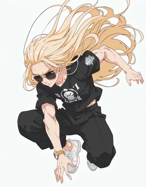 
(dynamic anagle,dynamic pose),solo,man,blonde wavy long straight hair,forehead,sunglasses,male's face,natural cosmetic,muscular body,tight black t-shirt,black skinny long pants,white sneaker,bare feet,soft lineart,flat color,memorial shot,luxury watches