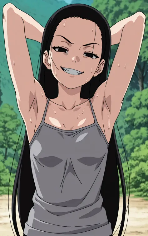 masterpiece, best quality, amazing quality, anime screencap, anime coloring, 1girl, solo, kt1, black hair, long hair, black eyes, small breasts, forehead, grey tank top, spaghetti straps, skindentation, (sweaty:0.7), arms behind head, armpits, armpits focu...