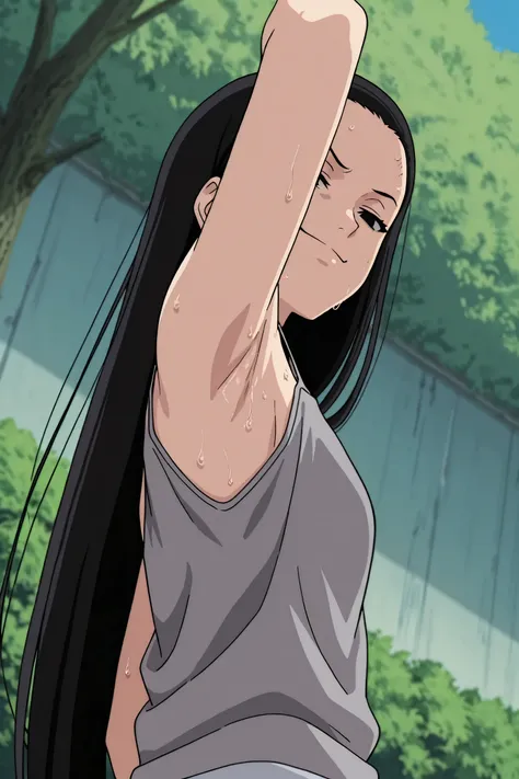 masterpiece, best quality, amazing quality, anime screencap, anime coloring, 1girl, solo, kt1, black hair, long hair, black eyes, small breasts, forehead, grey tank top, spaghetti straps, skindentation, (sweaty:0.7), arm up, raised arm, armpit, armpit focu...