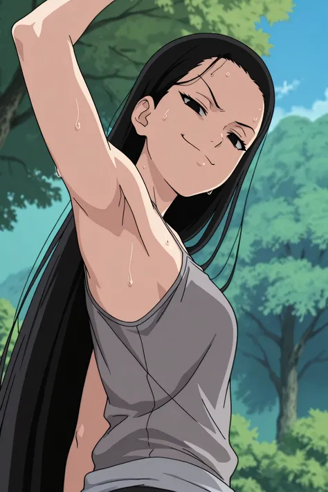 masterpiece, best quality, amazing quality, anime screencap, anime coloring, 1girl, solo, kt1, black hair, long hair, black eyes, small breasts, forehead, grey tank top, spaghetti straps, skindentation, (sweaty:0.7), arm up, raised arm, armpit, armpit focu...