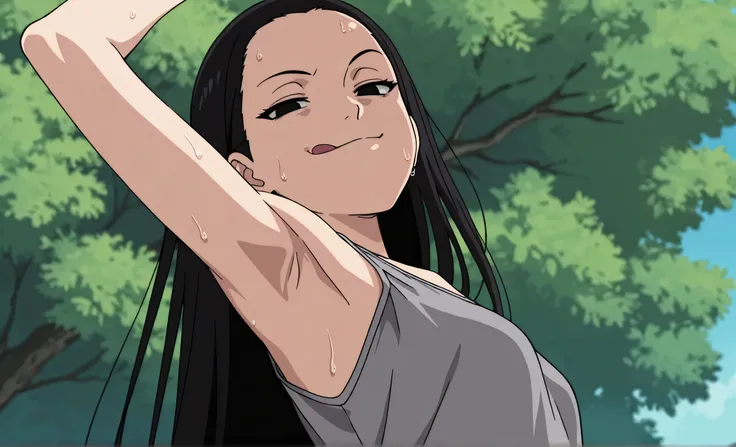 masterpiece, best quality, amazing quality, anime screencap, anime coloring, 1girl, solo, kt1, black hair, long hair, black eyes, small breasts, forehead, grey tank top, spaghetti straps, skindentation, (sweaty:0.7), arm up, raised arm, armpit, armpit focu...