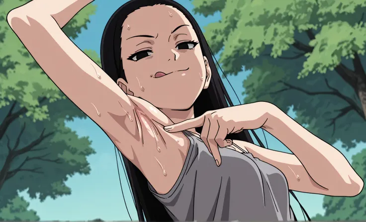 masterpiece, best quality, amazing quality, anime screencap, anime coloring, 1girl, solo, kt1, black hair, long hair, black eyes, small breasts, forehead, grey tank top, spaghetti straps, skindentation, (sweaty:0.7), arm up, raised arm, armpit, armpit focu...