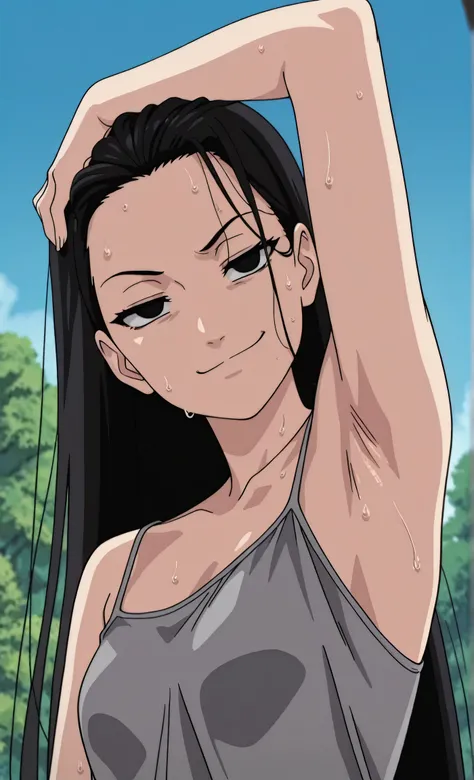 masterpiece, best quality, amazing quality, anime screencap, anime coloring, 1girl, solo, kt1, black hair, long hair, black eyes, small breasts, forehead, grey tank top, spaghetti straps, skindentation, (sweaty:0.7), arm up, raised arm, armpit, armpit focu...