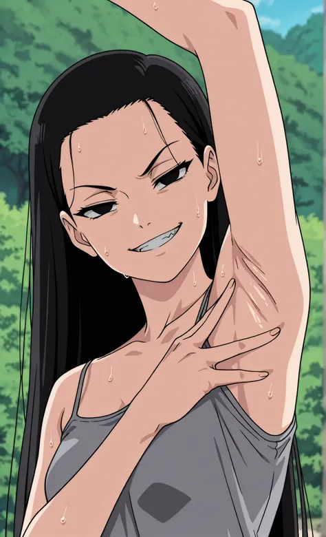 masterpiece, best quality, amazing quality, anime screencap, anime coloring, 1girl, solo, kt1, black hair, long hair, black eyes, small breasts, forehead, grey tank top, spaghetti straps, skindentation, (sweaty:0.7), arm up, raised arm, armpit, armpit focu...