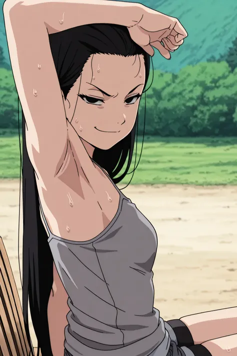 masterpiece, best quality, amazing quality, anime screencap, anime coloring, 1girl, solo, kt1, black hair, long hair, black eyes, small breasts, forehead, grey tank top, spaghetti straps, skindentation, (sweaty:0.7), arm up, raised arm, armpit, armpit focu...
