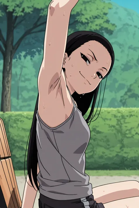 masterpiece, best quality, amazing quality, anime screencap, anime coloring, 1girl, solo, kt1, black hair, long hair, black eyes, small breasts, forehead, grey tank top, spaghetti straps, skindentation, (sweaty:0.7), arm up, raised arm, armpit, armpit focu...