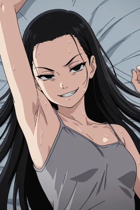 masterpiece, best quality, amazing quality, anime screencap, anime coloring, 1girl, solo, kt1, black hair, long hair, black eyes, small breasts, forehead, grey tank top, spaghetti straps, skindentation, (sweaty:0.7), arm up, raised arm, armpit, armpit focu...
