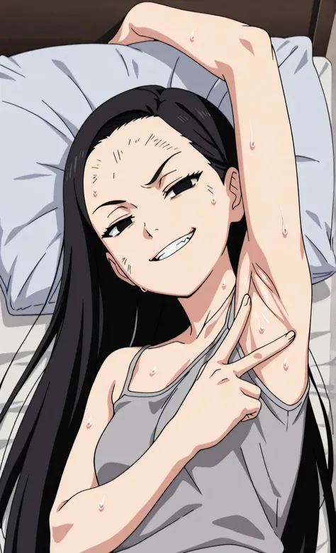 masterpiece, best quality, amazing quality, anime screencap, anime coloring, 1girl, solo, kt1, black hair, long hair, black eyes, small breasts, forehead, grey tank top, spaghetti straps, skindentation, (sweaty:0.7), arm up, raised arm, armpit, armpit focu...