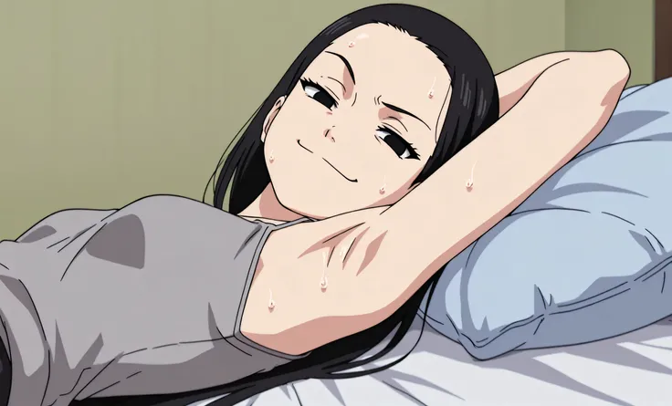 masterpiece, best quality, amazing quality, anime screencap, anime coloring, 1girl, solo, kt1, black hair, long hair, black eyes, small breasts, forehead, grey tank top, spaghetti straps, skindentation, (sweaty:0.7), arm behind head, armpit, armpit focus, ...