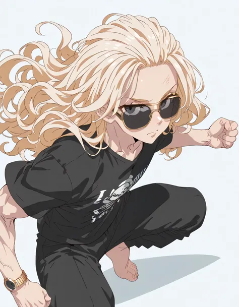 
(dynamic anagle,dynamic pose),solo,looking at viewer,(upperbody),man,blonde wavy shoulder length hair,forehead,sunglasses,male's face,natural cosmetic,muscular body,tight black t-shirt,black skinny long pants,bare feet,soft lineart,flat color,memorial sho...