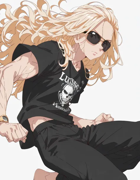 
(dynamic anagle,dynamic pose),solo,looking at viewer,(upperbody),man,blonde wavy shoulder length hair,forehead,sunglasses,male's face,natural cosmetic,muscular body,tight black t-shirt,black skinny long pants,bare feet,soft lineart,flat color,memorial sho...